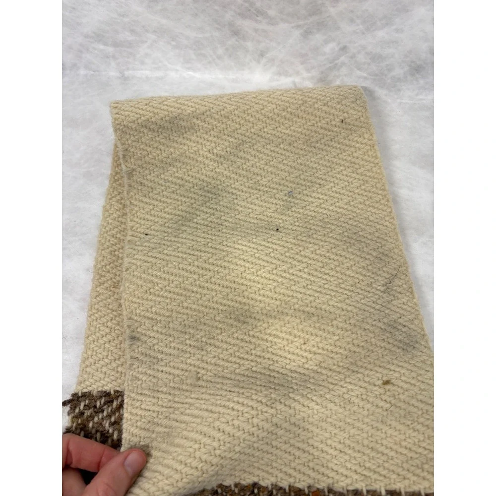 Vintage Handwoven Wool Runner Scarf Stiff Textured Striped Fringe Cream 49in